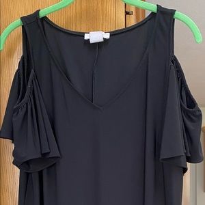 Black cold shoulder mid length dress